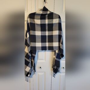 Plush Blue and black Gray Plaid Scarf Cozy Warm Winter Shawl Oversize